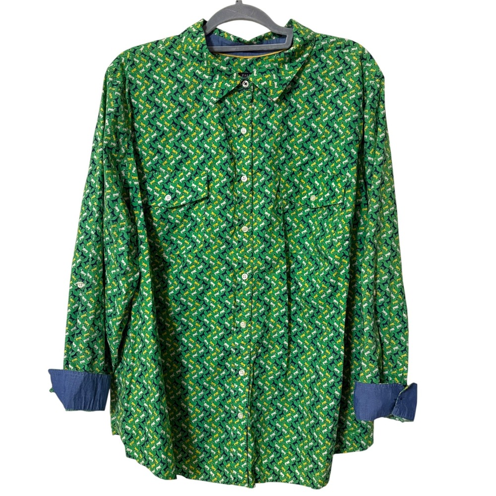 Talbots Womens 24W Button Down Shirt Green Horse Print Cotton Equestrian Casual